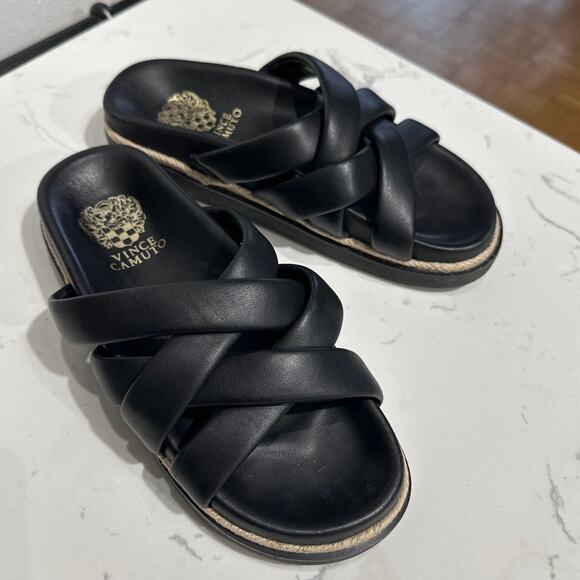 Vince Camuto Black Leather Chavelle Platform Slip On Slide Sandals, Size 7.5,EUC - Picture 1 of 6